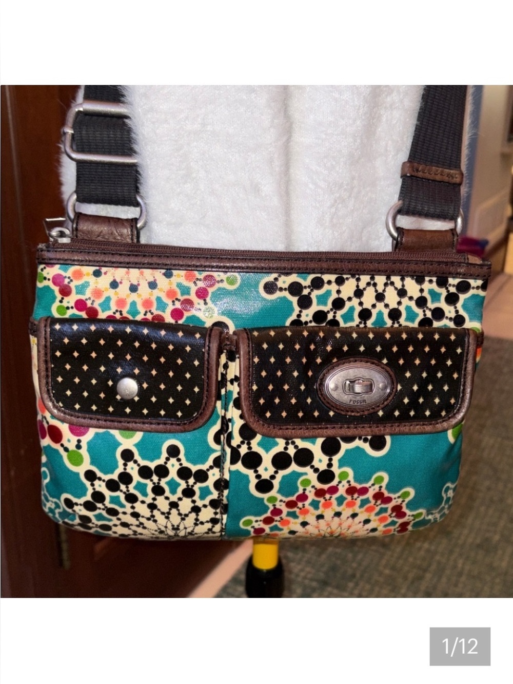 Fossil  Vintage Key Per shoulder/Crossbody bag coated canvas  aqua/brown multi